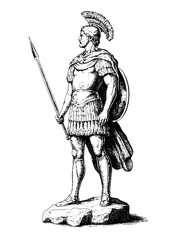 Obraz premium Intricate engraved illustration of a Roman soldier standing proudly with spear and shield