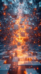 Obraz premium Abstract digital space with floating cubes on a white gradient background featuring a central cluster emitting orange light with blue and red shadows