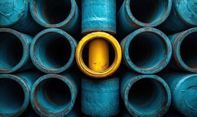 Vibrant Yellow Pipe Surrounded by Circular Blue Pipes in an Industrial Setting, Highlighting Contrast and Texture in Construction Materials