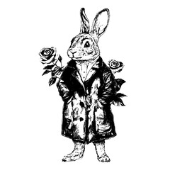 Fototapeta premium Eccentric rabbit in a stylish coat holding roses, showcasing charm and whimsy in a finely detailed engraved style