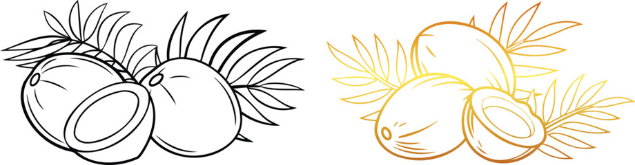 Obraz premium Coconut Fresh Tropical Nut with Tree Leaves Line Art Vector Design for Books