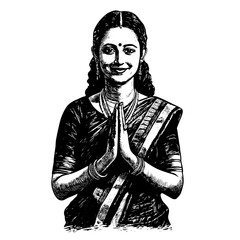 Obraz premium Intricate Engraved Illustration of a Smiling Woman in Traditional Attire with a Welcoming Gesture
