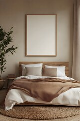 Blank white poster mockup in a cozy bedroom. 3D rendering