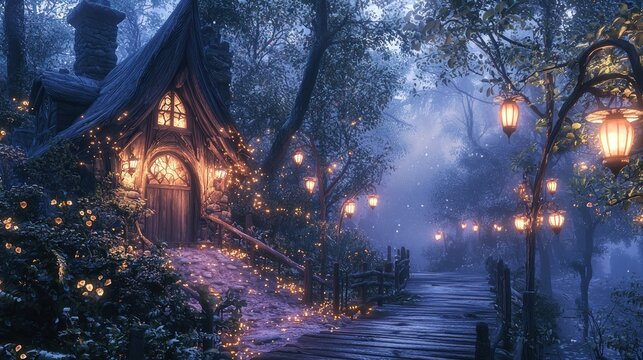 Enchanting fairy tale cottage nestled in a misty winter forest, illuminated by glowing lanterns along a wooden bridge path.