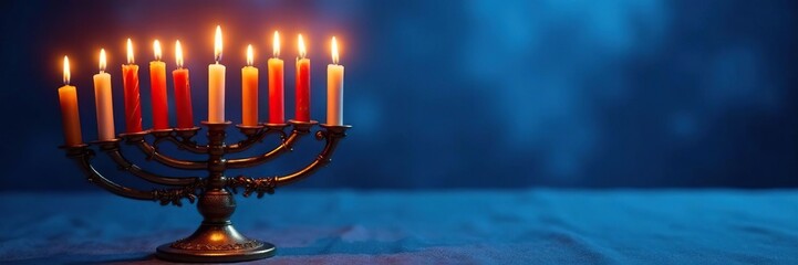 Candles on a hanukkah menorah with a small pool of water, menorah, blue