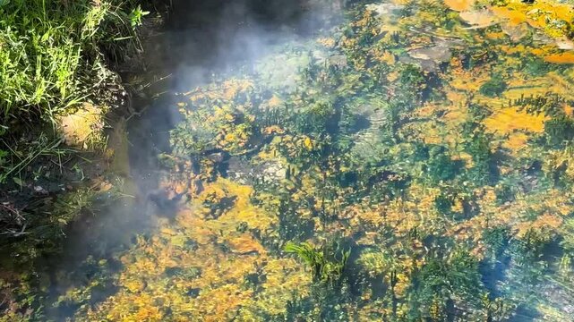 Steaming Hot Spring with Vibrant Mineral Deposits in a Geothermal Landscape