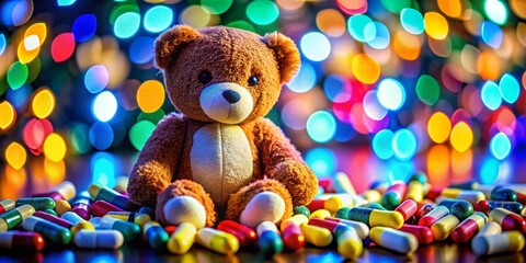 Fototapeta premium Abstract Teddy Bear with Blurred Pills, Bokeh Background - Polypharmacy Concept Stock Photo