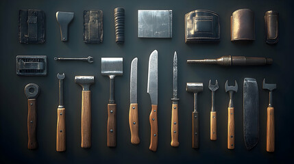 3D Render of Vintage Tools and Leather Pouches: A Detailed Illustration