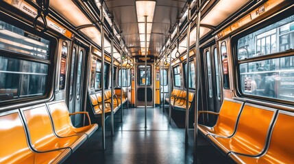 Fototapeta premium Empty subway car with orange seats and bright lighting.