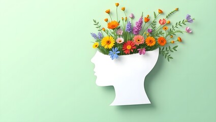 white silhouette head, colorful fruits and vegetables, brain visualization, mental health concept, creativity illustration, nutrition and cognition, vibrant colors, green background,