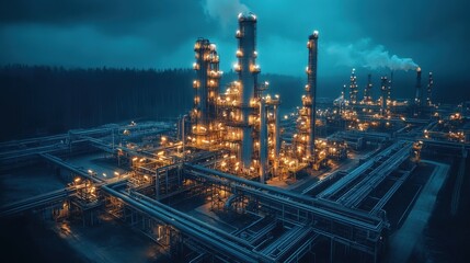 Fototapeta premium Environmental disaster! Factory plant night view. Industrial complex with towers. Pipes and lights glowing. Smoke stacks on sky. Oil chemical production.