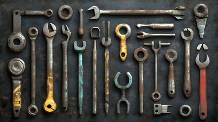 Vintage Rusty Tools Flatlay Illustration: A Collection of Antique Wrenches and Mechanical Instruments