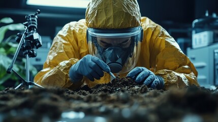 Person in protective suit examines soil in lab. Soil research. Scientist inspecting ground. Environment study. Worker studying dirt with equipment.