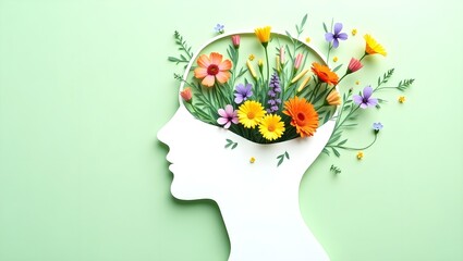 white silhouette head, colorful fruits and vegetables, brain visualization, mental health concept, creativity illustration, nutrition and cognition, vibrant colors, green background,