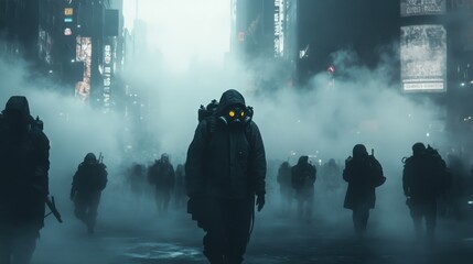 Environmental disaster! People walk in fog. Dark city view. Masks protect. Future concept. Crowd moves in street. Night scene. Mist covers ground.