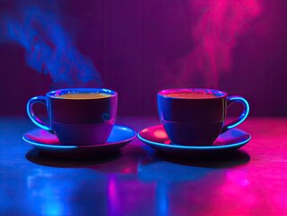 Fototapeta premium Cyberpunk Coffee Break, Two Cups in Neon Hues with Rising Steam