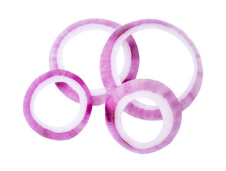 Top view of fresh red or purple onion rings or slices in stack isolated with clipping path in png file format