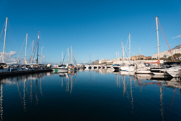 Fototapeta premium Tranquil harbor with sailboats on clear day