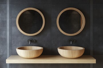 Modern Minimalist Bathroom with Double Wooden Sinks and Round Mirrors