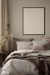 Blank white poster mockup in a cozy bedroom. 3D rendering