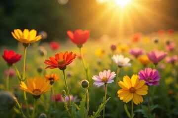 Obraz premium Golden sunlight illuminates diverse wildflowers, petals, sunlight, wildflower meadow