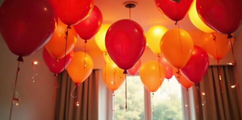 Red and orange balloons suspended from the ceiling, cozy, balloons, energetic