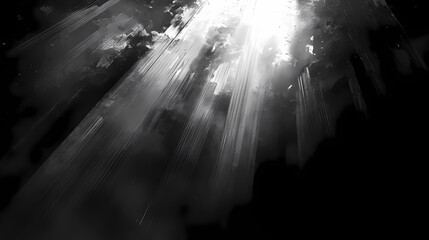 Striking charcoal backdrop illuminated by radiant sharp streaks creating a dramatic high-contrast visual statement effect. Radiant - Temple. Illustration