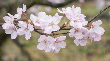 Obraz premium Close-up of delicate pink cherry blossoms on a branch.