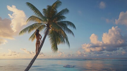 Tropical vacation concept: Woman on palm tree