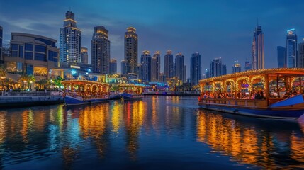 Fototapeta premium Illuminated cityscape at night reflected in calm water with traditional boats.