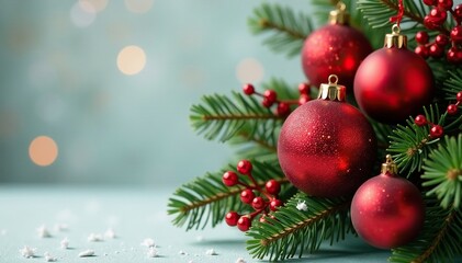 Fototapeta premium Decorative red Christmas ball wreath on branch, christmas balls, ornaments