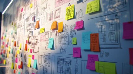 Naklejka premium Vibrant Creative Workspace with Colorful Sticky Notes and Brainstorming Sketches on Whiteboard