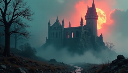 Ruined spire of a once-majestic castle amidst eerie mist, darkness, chaos, decay