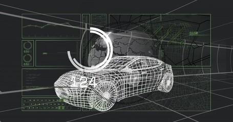 Animation of wireframe car with digital data and graphs in futuristic design - Powered by Adobe