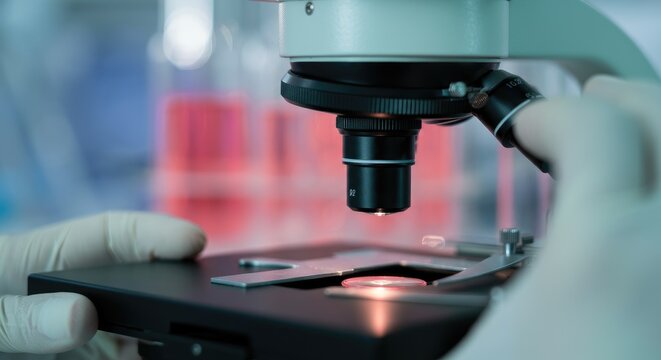 Close-up of hands using microscope in lab