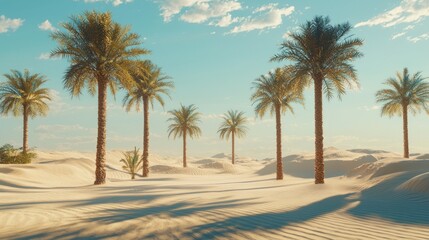 Oasis, desert palm trees, sand dunes, sunlight.