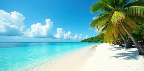 Turquoise water laps white sand, palm trees sway gently in breeze , caribbean, green