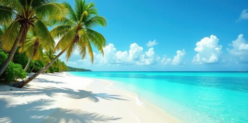 Turquoise water laps white sand, palm trees sway gently in breeze , sunlight, peaceful, shore