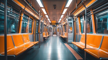 Fototapeta premium Empty subway car interior with orange seats.
