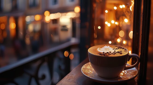 Latte art in a cafe cup on a windowsill overlooking a blurry city street at night with warm lights.