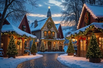 Nostalgic Christmas Village Square Wallpaper for Holiday Home Decor