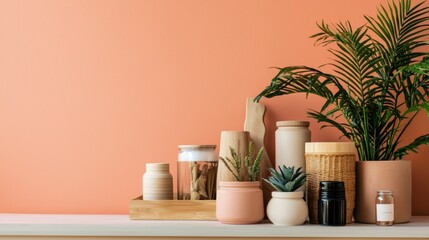 Fototapeta premium A beautifully stunning and stylish succulent arrangement is set against a warm and inviting coral background