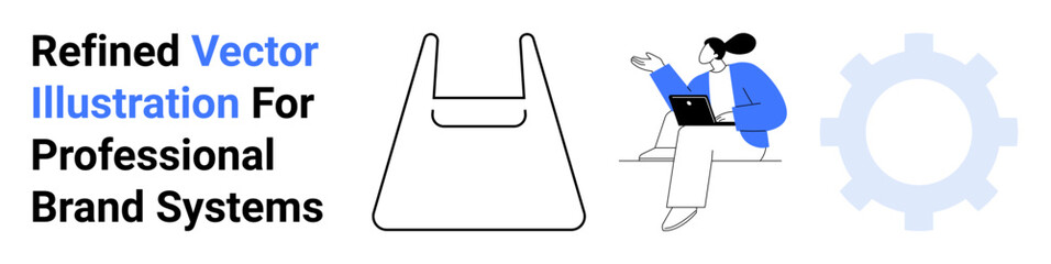 Abstract gear icon, person on a seat using a laptop, and simplistic shapes. Ideal for branding, professional services, tech solutions, teamwork, creativity, minimalism flat landing page banner