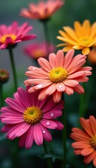 Close-up view of colorful daisies with glistening raindrops , nature, macro