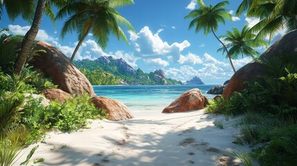 Tropical beach path, sunny day, island paradise