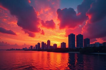 Fototapeta premium Dramatic Miami sunset, skyscrapers silhouetted against fiery sky, golden hour, cityscape, photo