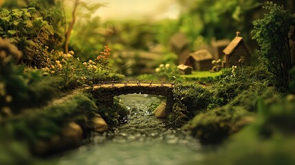 Obraz premium Miniature village scene with stone bridge, flowing stream, lush greenery, and tiny houses.