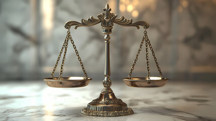Elegant law scales on a legal document, symbolizing justice and balance in legal matters, set against a stylish marble surface. Radiant - Temple. Illustration