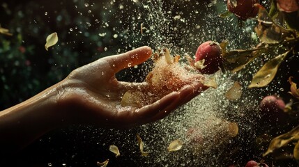 Fototapeta premium Hand releasing magical glowing particles in slow motion