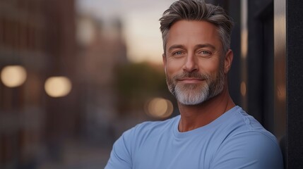 Fototapeta premium A middle-aged man with a beard smiling confidently while leaning against a wall.